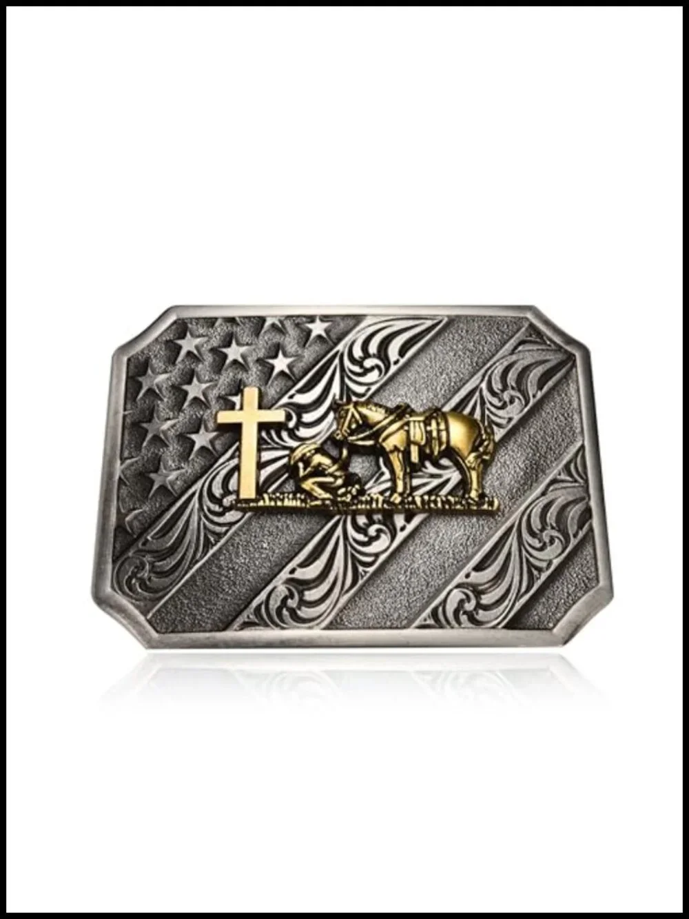 Western Cowboy Belt Buckle Cross Horse Prayer Design Zinc Alloy 3.6x2.6 inches
